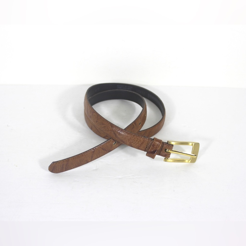 Super Skinny Caramel Brown Leather Belt with Pattern Texture Gold Buckle